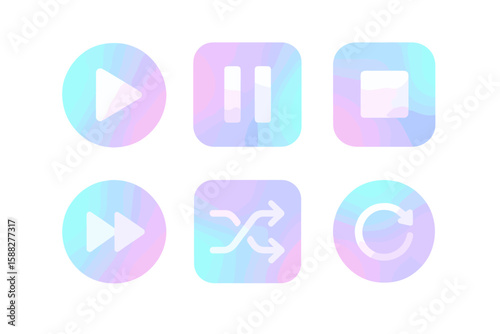 Colorful multimedia control icons with a translucent design showing play, pause, skip, and repeat options in a trendy style