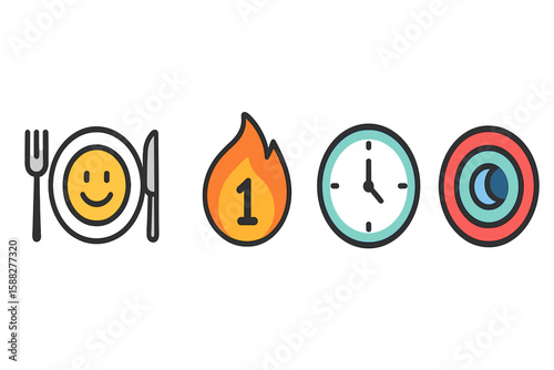 Icons representing meal preparation, cooking time, and serving, designed for a simplified culinary experience