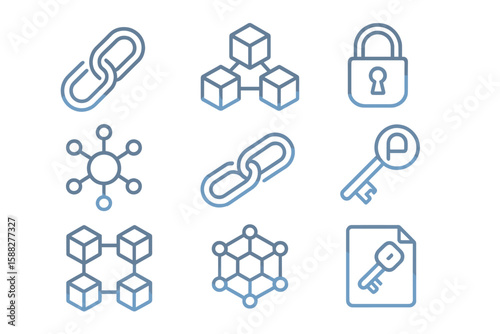 Understanding blockchain technology through symbols and icons representing its core concepts in a modern visual style