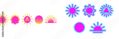Colorful geometric sun designs featuring various shapes and styles against a bright backdrop