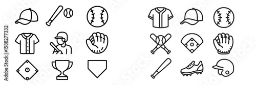 Various baseball and softball icons showcasing equipment and players in a minimalist design style
