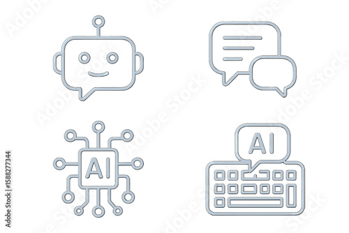 Digital icons representing artificial intelligence concepts and communication in a modern design layout