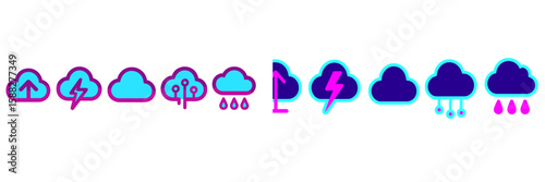Weather icons showcasing various conditions including rain, thunder, and clouds in a stylized design