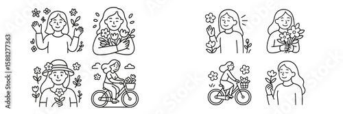 People enjoying nature with flowers and bicycles in a cheerful outdoor setting during springtime activities