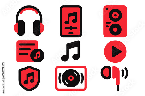 Music and sound icons collection featuring headphones, speakers, and playback symbols in a vibrant red and black color scheme