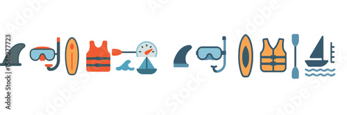 Snorkeling and water sports equipment for a beach adventure in summer at a coastal location