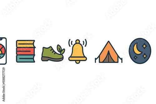Camping essentials with icons showing gear, activities, and nighttime elements for an outdoor adventure