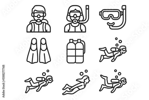 Diverse underwater activities including snorkeling and diving gear highlighted in playful illustrations