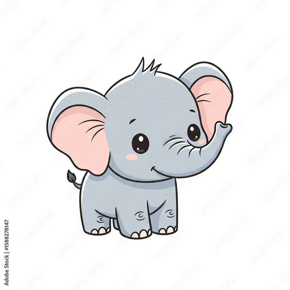 Naklejka premium Cute Cartoon Tiny Baby Elephant on White Background