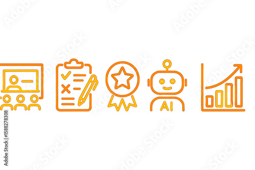 Iconic representations of online learning, assessment, AI assistance, and growth metrics illustrate modern education dynamics