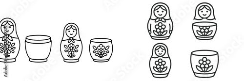 Creative illustration of traditional nesting dolls and flower pots in black and white line art showcasing a cultural design