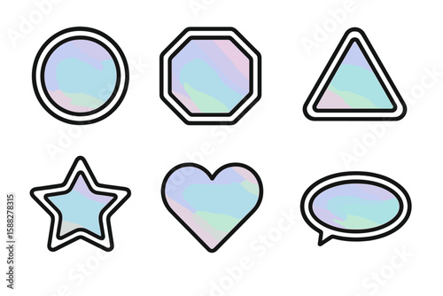 Colorful geometric shapes with iridescent designs on a white background, illustrating modern graphic art concepts
