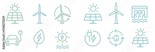 Energy symbols represent renewable resources and sustainable practices in an eco-friendly design showcasing solar, wind, and hydropower components