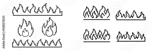 Pixel art collection featuring fire and flame designs suitable for various digital applications