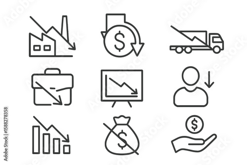 Economic decline illustrated through simple icons depicting various sectors and impacts on business and finance