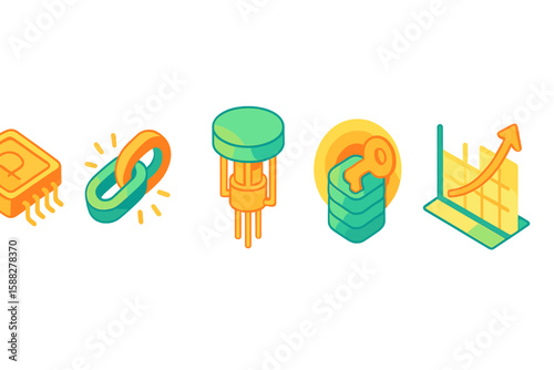 Colorful icons representing technology concepts including data, security, and analytics in a modern style