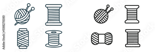 Collection of sewing and knitting illustrations featuring various thread and yarn types in a minimalist style