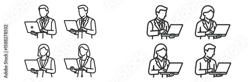 Business professionals collaborating remotely using laptops in a modern workspace during daytime hours