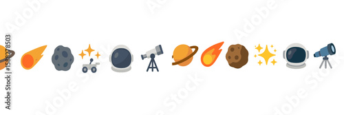 Collection of space-themed icons representing celestial objects and astronomy tools in a playful design