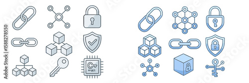 Illustration of various security and network icons featuring links, locks, and data structures in a modern design suitable for digital communication