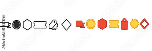 Various geometric shapes and banners arranged in a horizontal line on a white background