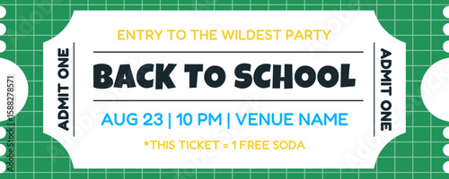 Back to School Party Ticket. School celebration event coupon. Notebook Grid Texture Vector Design. 