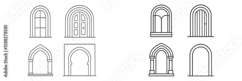 Various architectural door and window designs showcasing different styles and shapes in a minimalist design layout