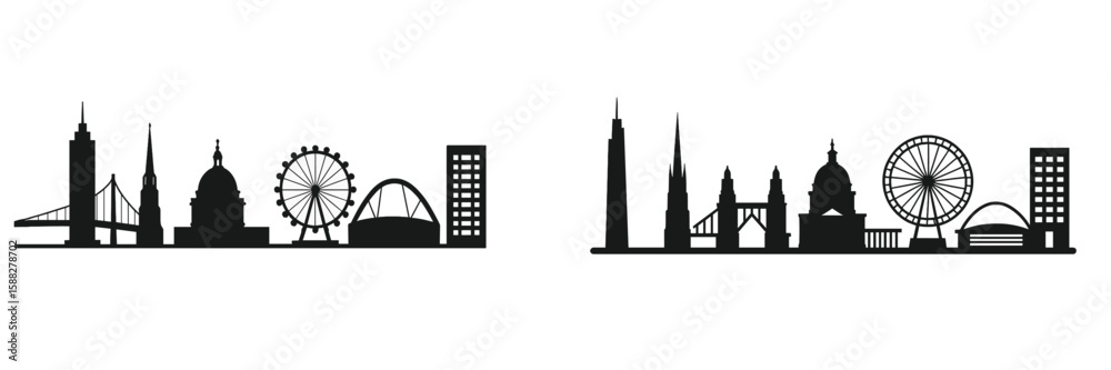 Fototapeta premium City skyline silhouette featuring iconic landmarks at sunset over an urban skyline design