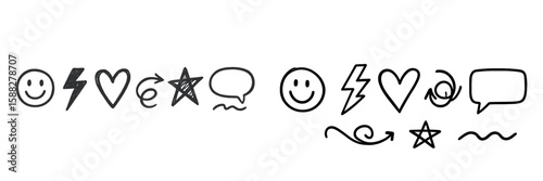 Creative doodles of symbols including hearts, stars, smiles, lightning, and speech bubbles arranged in a playful manner