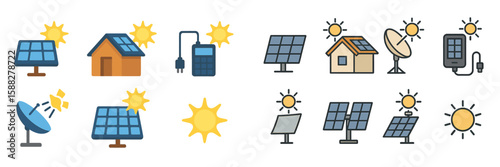 Icons representing renewable energy solutions featuring solar panels, batteries, and energy generation depicted in a clear layout