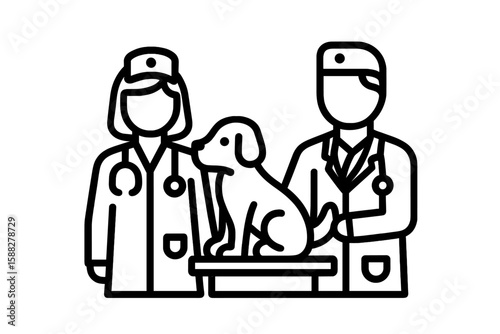 Veterinarians examine a dog in a clinic during a health checkup on a busy afternoon
