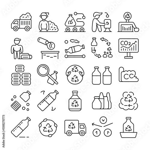Collection of Black and White Line Icons Depicting the Recycling Process from Waste Collection to Product Manufacturing and C O2 Reduction
