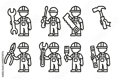 Illustrations of various construction workers holding tools in a simple line art style, suitable for educational or informational purposes