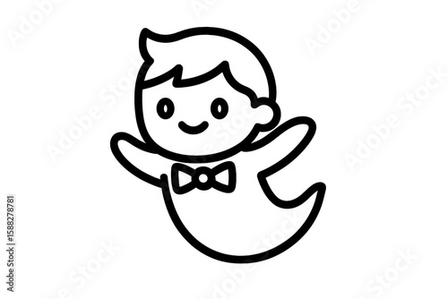 Cute cartoon ghost character with a bow tie and happy expression on a white background