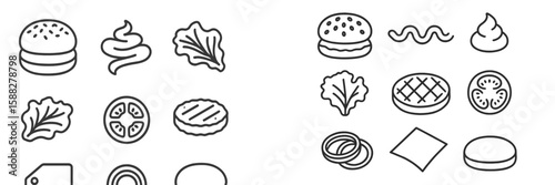 A collection of detailed food icons featuring burgers, leafy greens, desserts, and assorted snacks