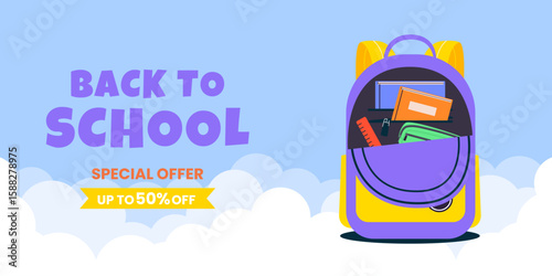 Back to School sale banner cloud border design with backpack, vector template