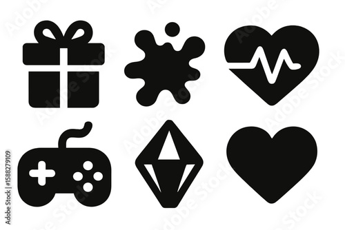 Collection of simple and modern icons illustrating gaming elements and emotions in a minimalist style
