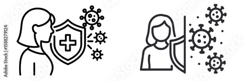 Protecting health with shields against viruses in a minimalist style featuring illustrations of a woman and germs
