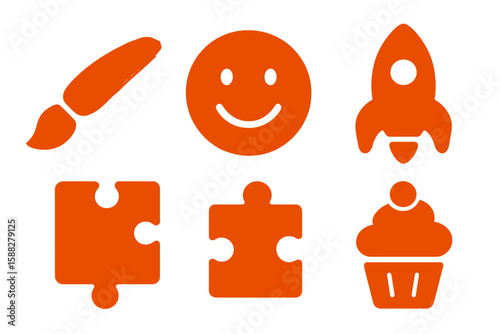 Creative icons showcasing a paintbrush, smiley face, rocket, puzzle piece, and cupcake in vibrant orange color