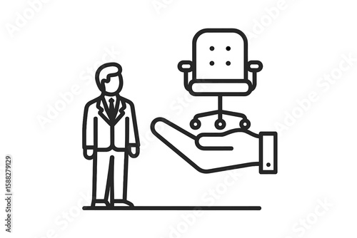 Business professional presenting an office chair in a minimalist design setting during a conference