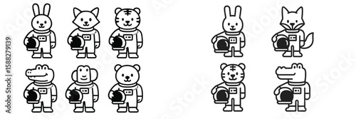 Cartoon animals in space suits holding helmets in a playful design showcasing various characters and their unique features