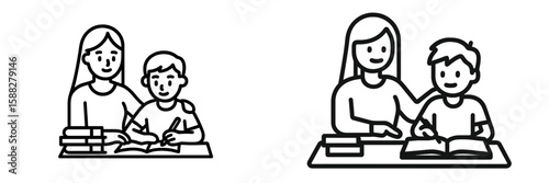 Mother and child engaging in home study session with books and writing materials