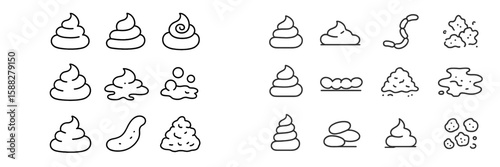 Different styles of cartoon representations of feces in black and white shown in various shapes and sizes