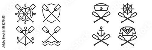 Variety of nautical themed icons featuring oars, anchors, and steering wheels in a minimalist design style
