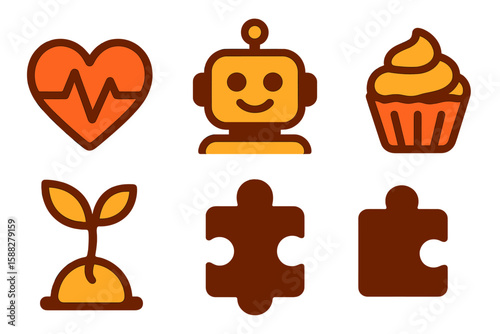 Colorful icons representing various concepts including health, technology, nature, and fun food, useful for graphic design or educational materials