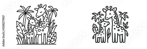 Giraffes with their young explore a lush habitat under palm trees in a vibrant jungle scene during daylight hours
