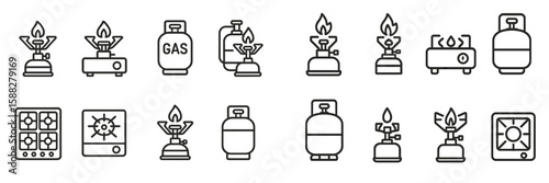 Collection of various gas stove and fuel canister illustrations displayed in a neat grid format showcasing kitchen essentials