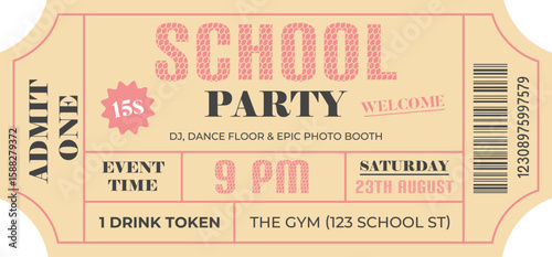 Retro School Party Ticket. Back to School celebration event coupon. Vintage Vector Design