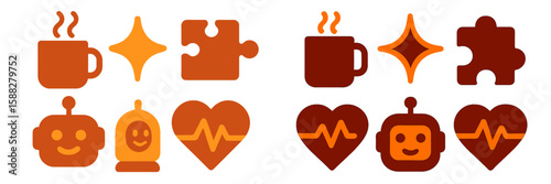 Colorful icons represent coffee, puzzles, robots, and hearts in a creative arrangement showcasing fun and cozy elements of daily life