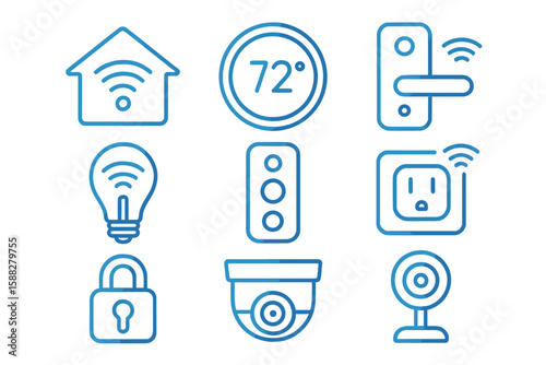Smart home device icons showcasing temperature control, security, and automation features in a modern design